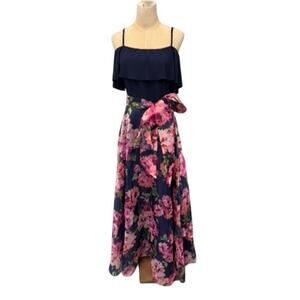 "ELIZA J." Floral Maxi Overlay‎ Summer Dress SZ 6 Tea Garden Party Core Belted